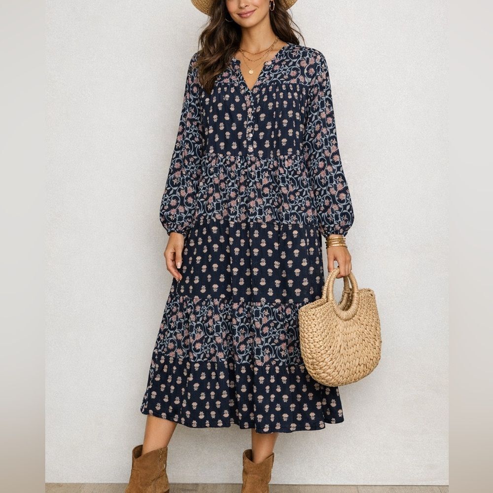 Boho Floral Navy Long Sleeve Tiered Midi Dress